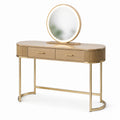 Coiffeuse avec miroir lumineux et 2 tiroirs, 120 × 40 × 140 cm, effet chêne naturel et métal doré