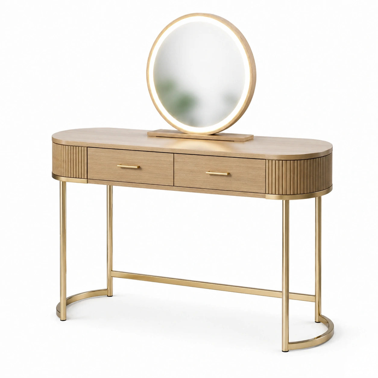 Coiffeuse avec miroir lumineux et 2 tiroirs, 120 × 40 × 140 cm, effet chêne naturel et métal doré