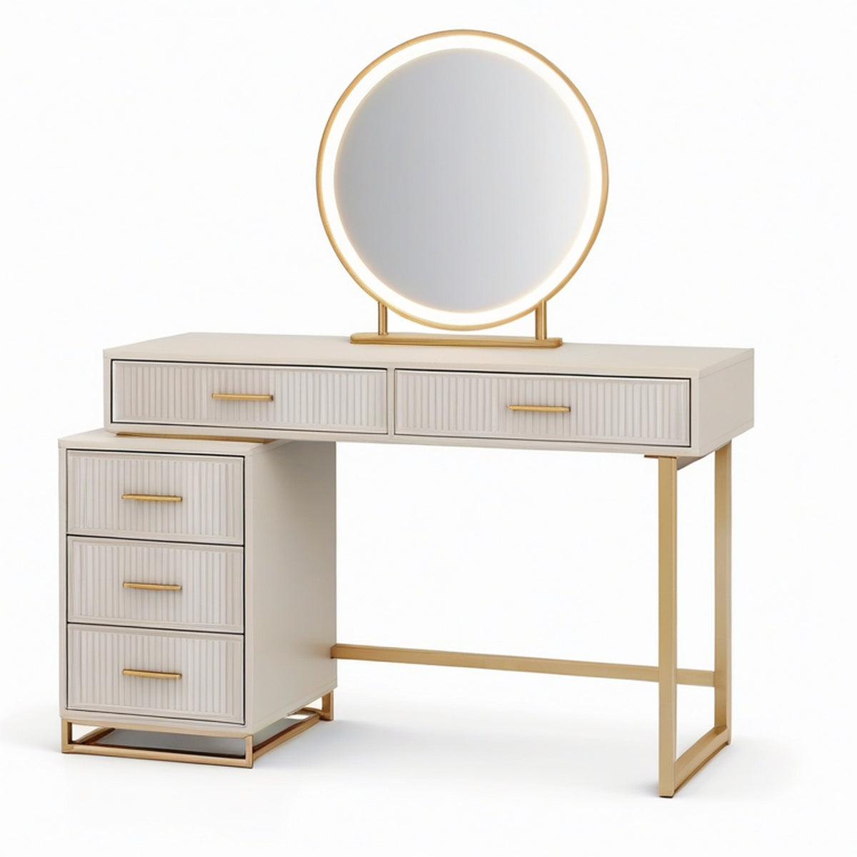 Coiffeuse blanc cassé et doré avec miroir rond lumineux et 5 tiroirs, 120 × 40 × 140 cm