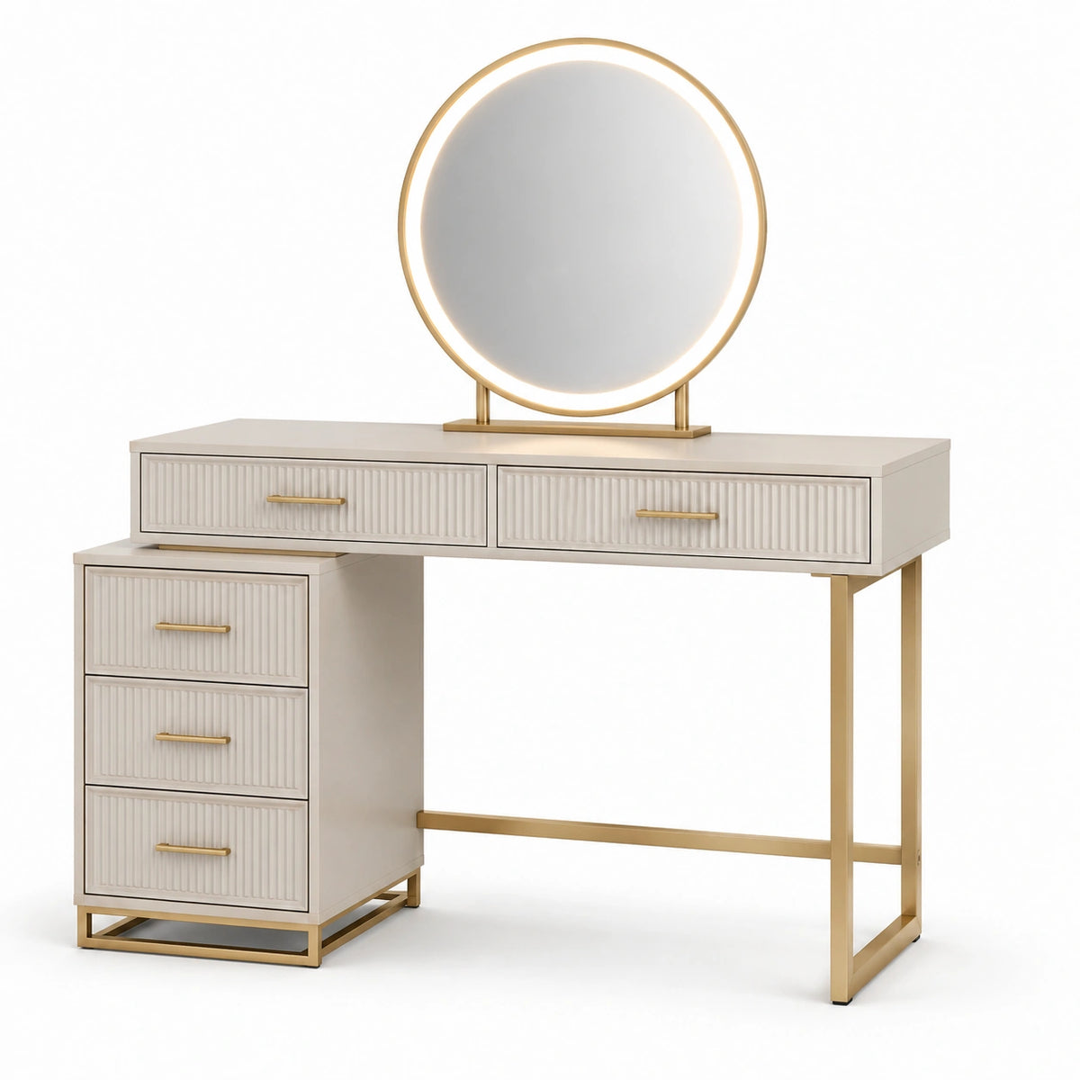 Coiffeuse blanc cassé et doré avec miroir rond lumineux et 5 tiroirs, 120 × 40 × 140 cm