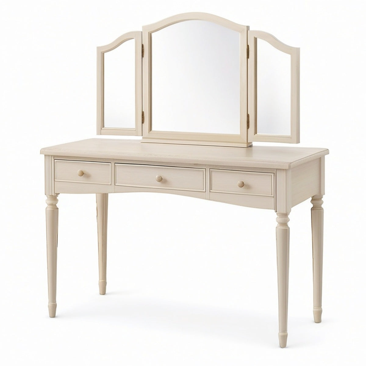 Coiffeuse en bois ivoire avec miroir triptyque orientable et 3 tiroirs, 120 × 50 × 145 cm