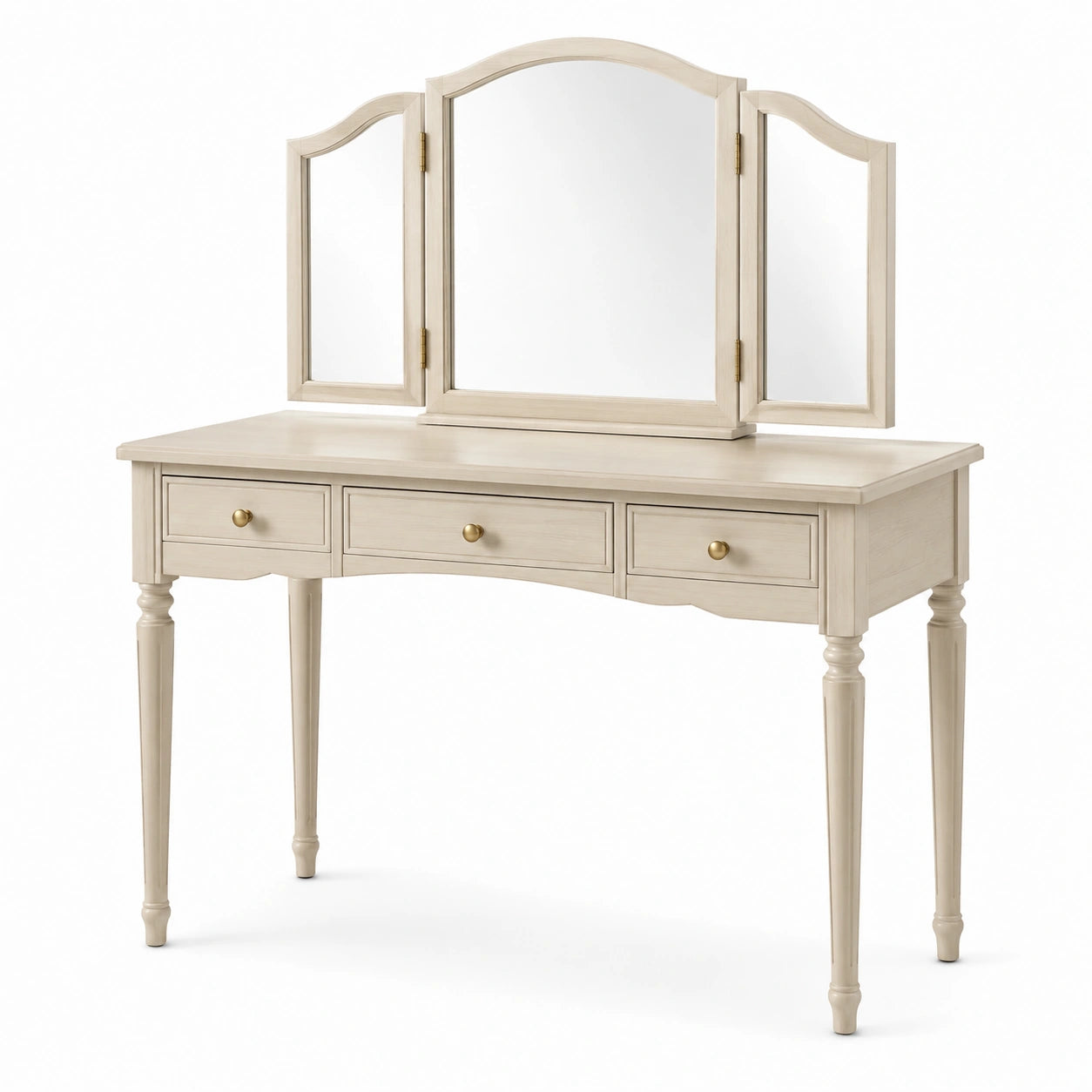 Coiffeuse en bois ivoire avec miroir triptyque orientable et 3 tiroirs, 120 × 50 × 145 cm