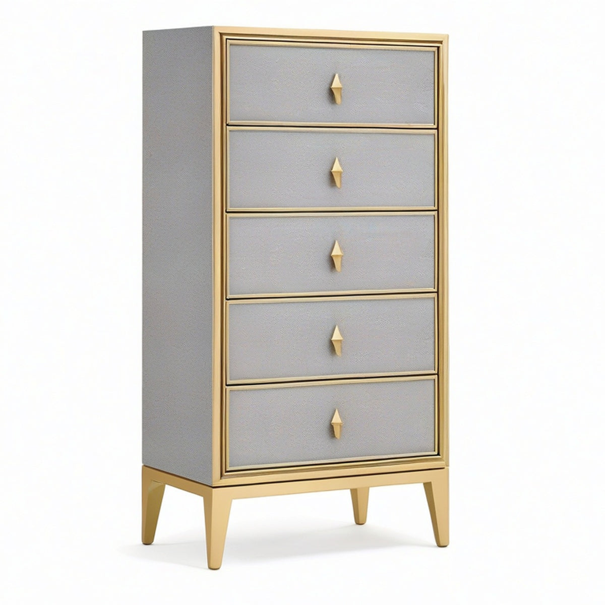 Chiffonnier à 5 tiroirs en bois manufacturé gris et métal doré, 60 × 40 × 120 cm