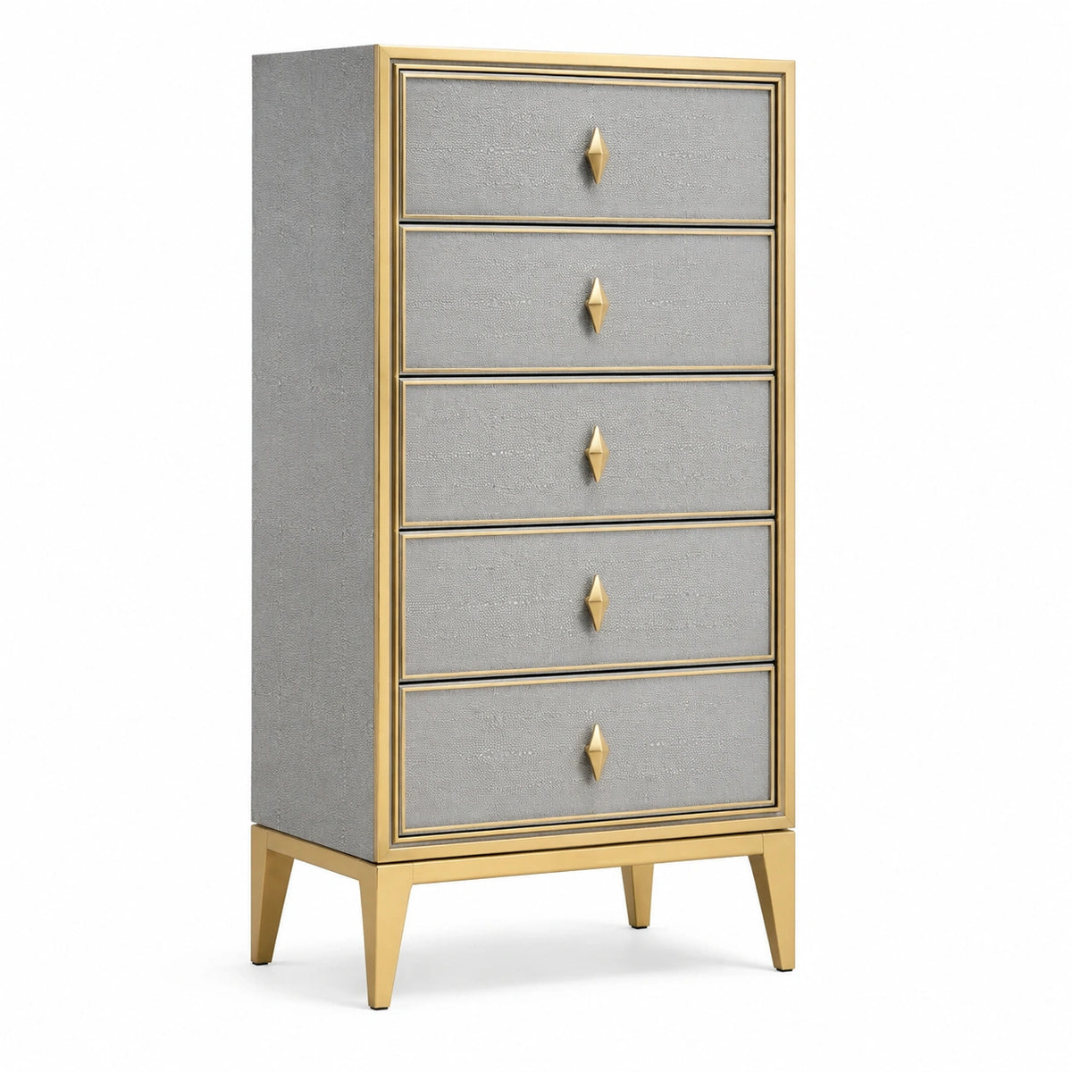 Chiffonnier à 5 tiroirs en bois manufacturé gris et métal doré, 60 × 40 × 120 cm