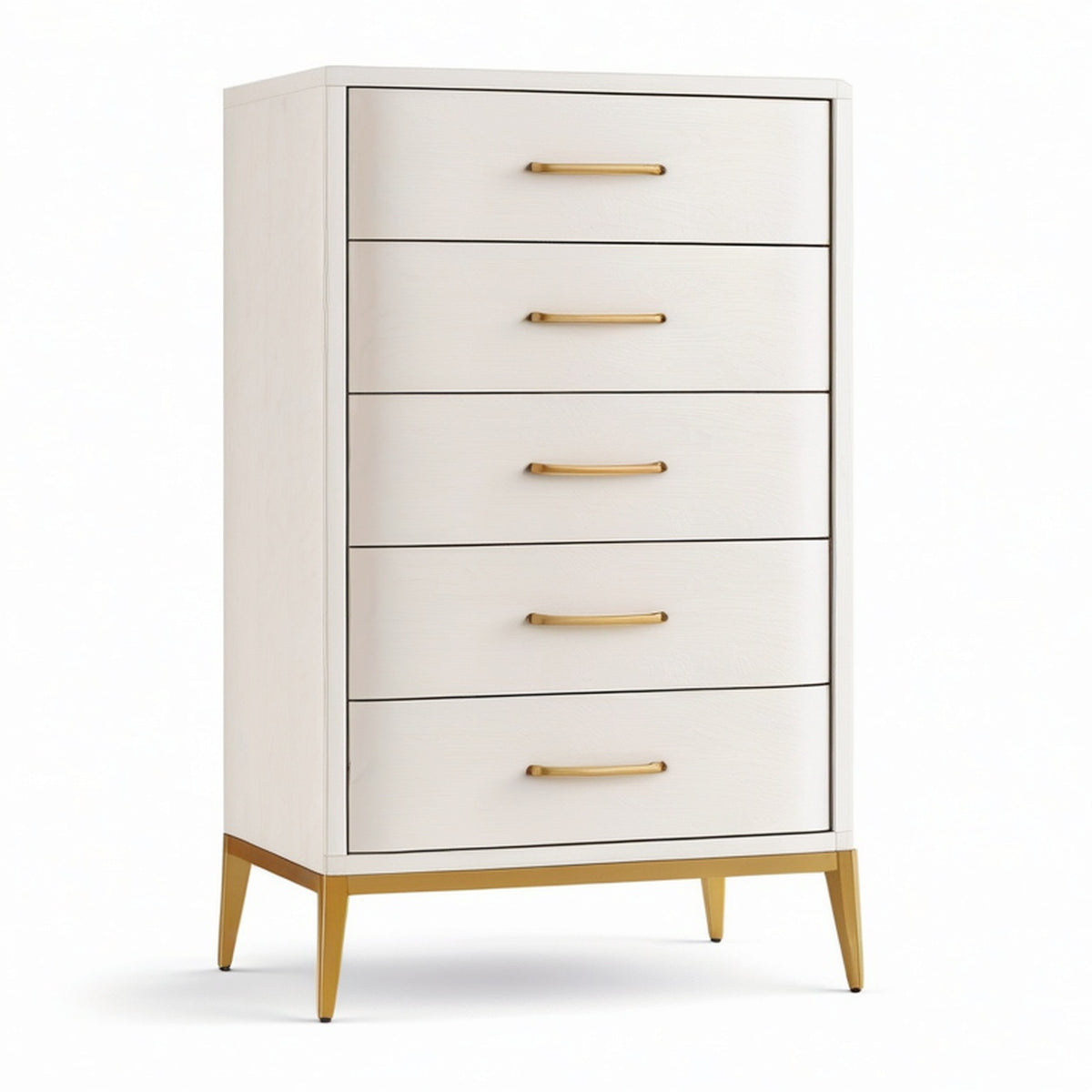 Commode haute à 5 tiroirs en bois blanc et métal doré, 70 × 40 × 120 cm, style contemporain