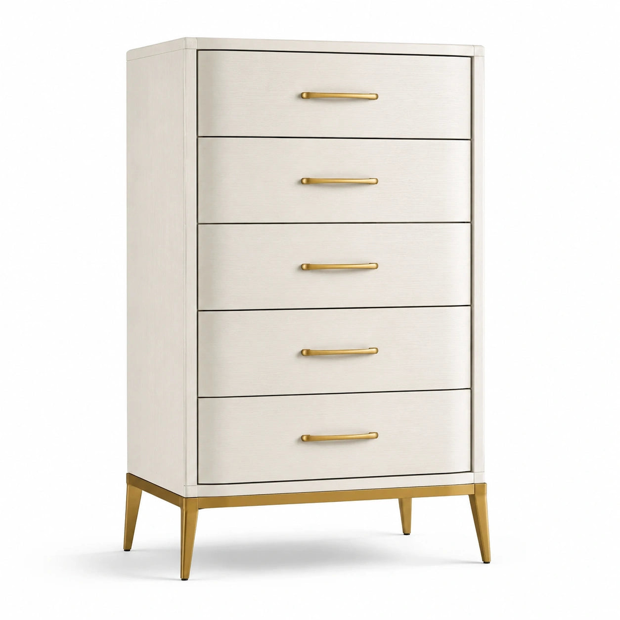 Commode haute à 5 tiroirs en bois blanc et métal doré, 70 × 40 × 120 cm, style contemporain