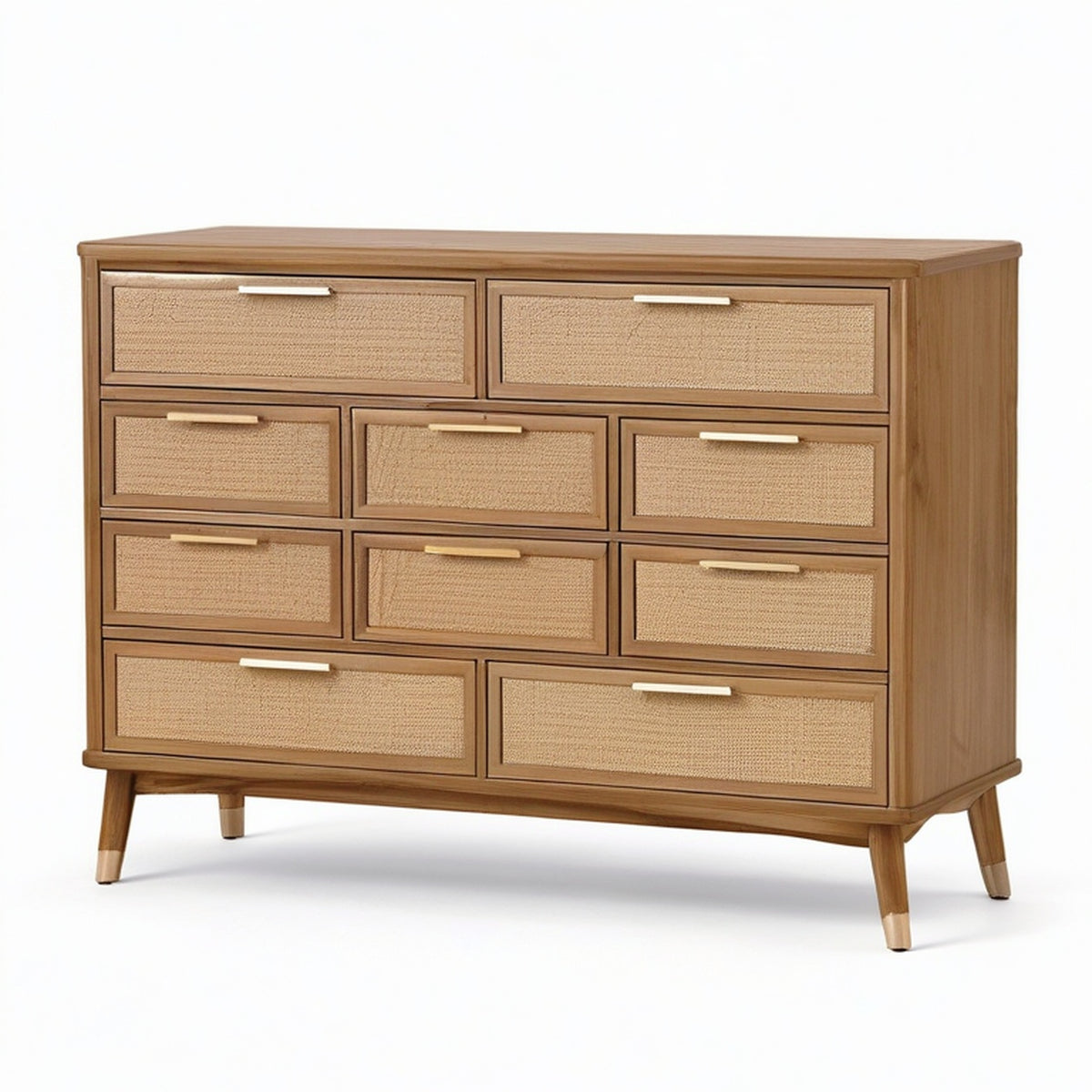 Commode à 10 tiroirs en bois brun et rotin naturel avec détails dorés, 140 × 40 × 100 cm