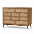 Commode à 10 tiroirs en bois brun et rotin naturel avec détails dorés, 140 × 40 × 100 cm