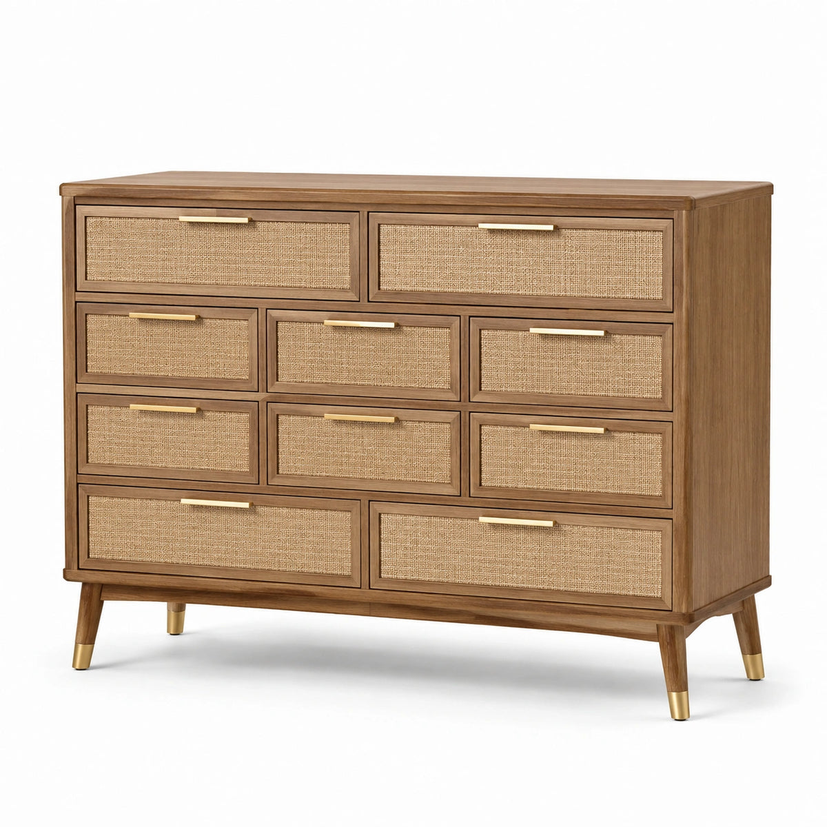 Commode à 10 tiroirs en bois brun et rotin naturel avec détails dorés, 140 × 40 × 100 cm