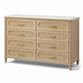 Commode à 8 tiroirs en bois beige avec cannage en rotin et plateau blanc veiné, 150 × 45 × 90 cm