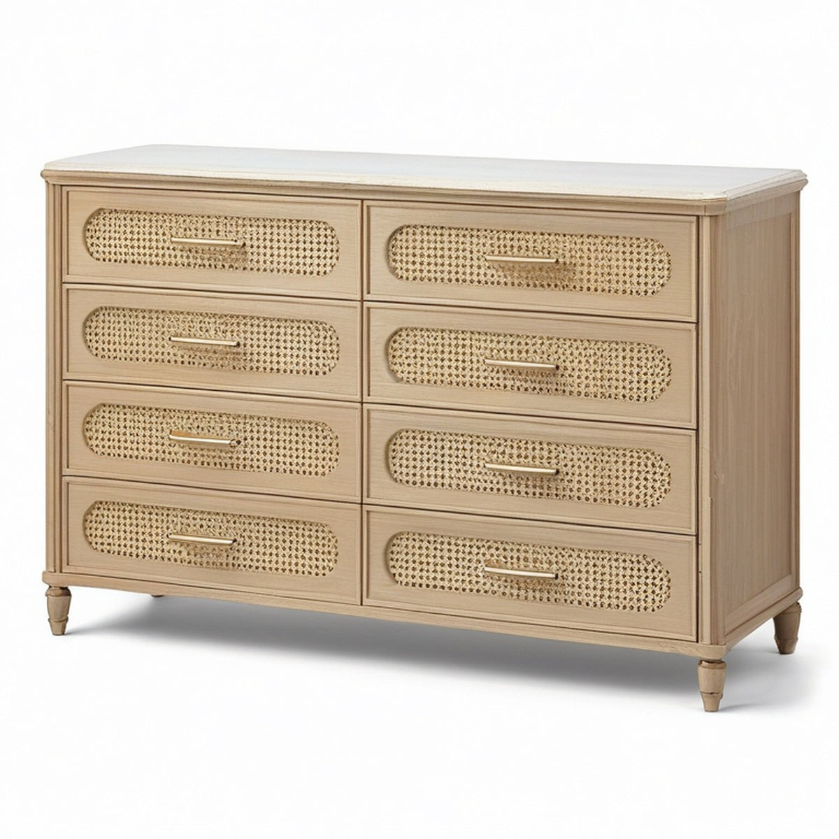 Commode à 8 tiroirs en bois beige avec cannage en rotin et plateau blanc veiné, 150 × 45 × 90 cm