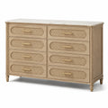 Commode à 8 tiroirs en bois beige avec cannage en rotin et plateau blanc veiné, 150 × 45 × 90 cm
