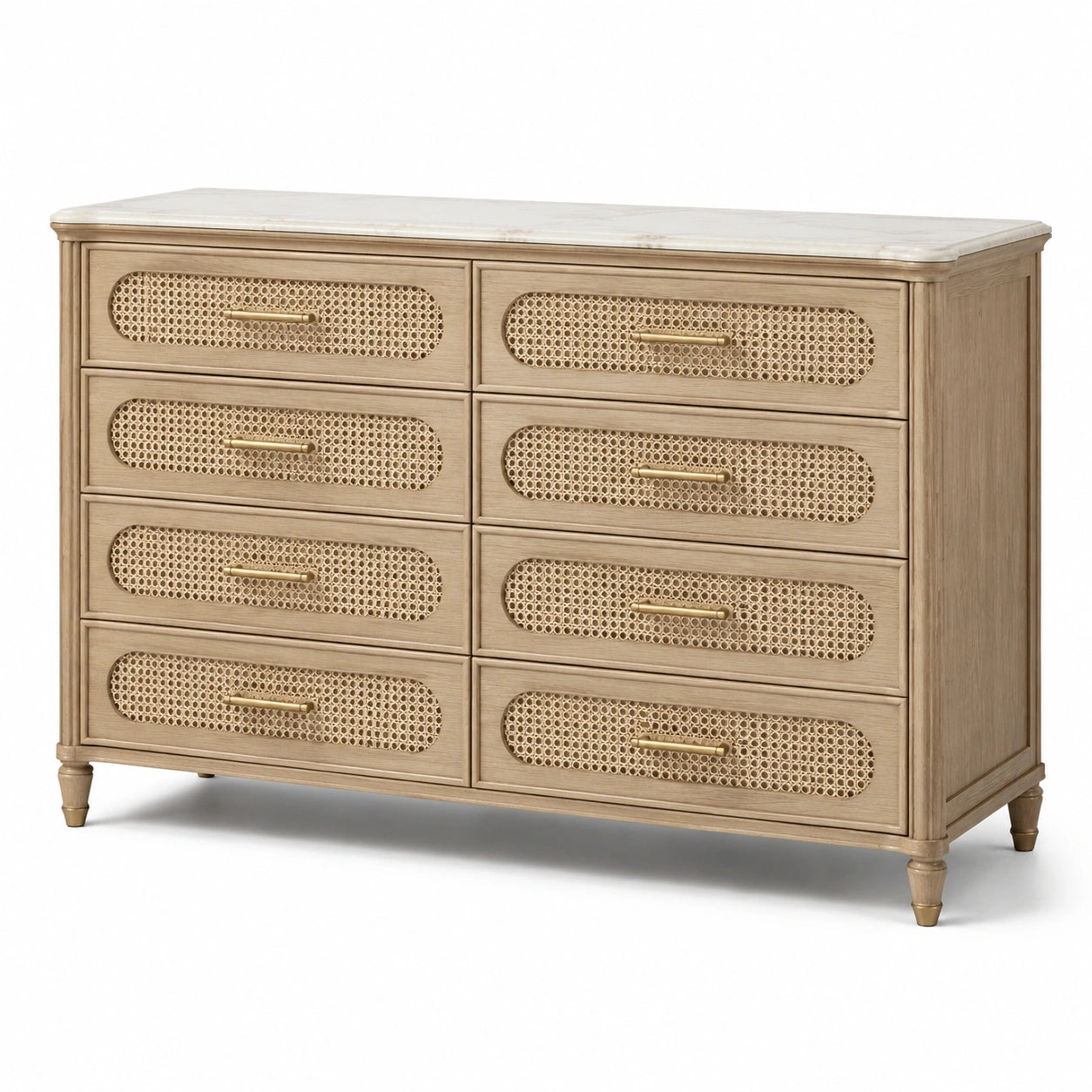 Commode à 8 tiroirs en bois beige avec cannage en rotin et plateau blanc veiné, 150 × 45 × 90 cm