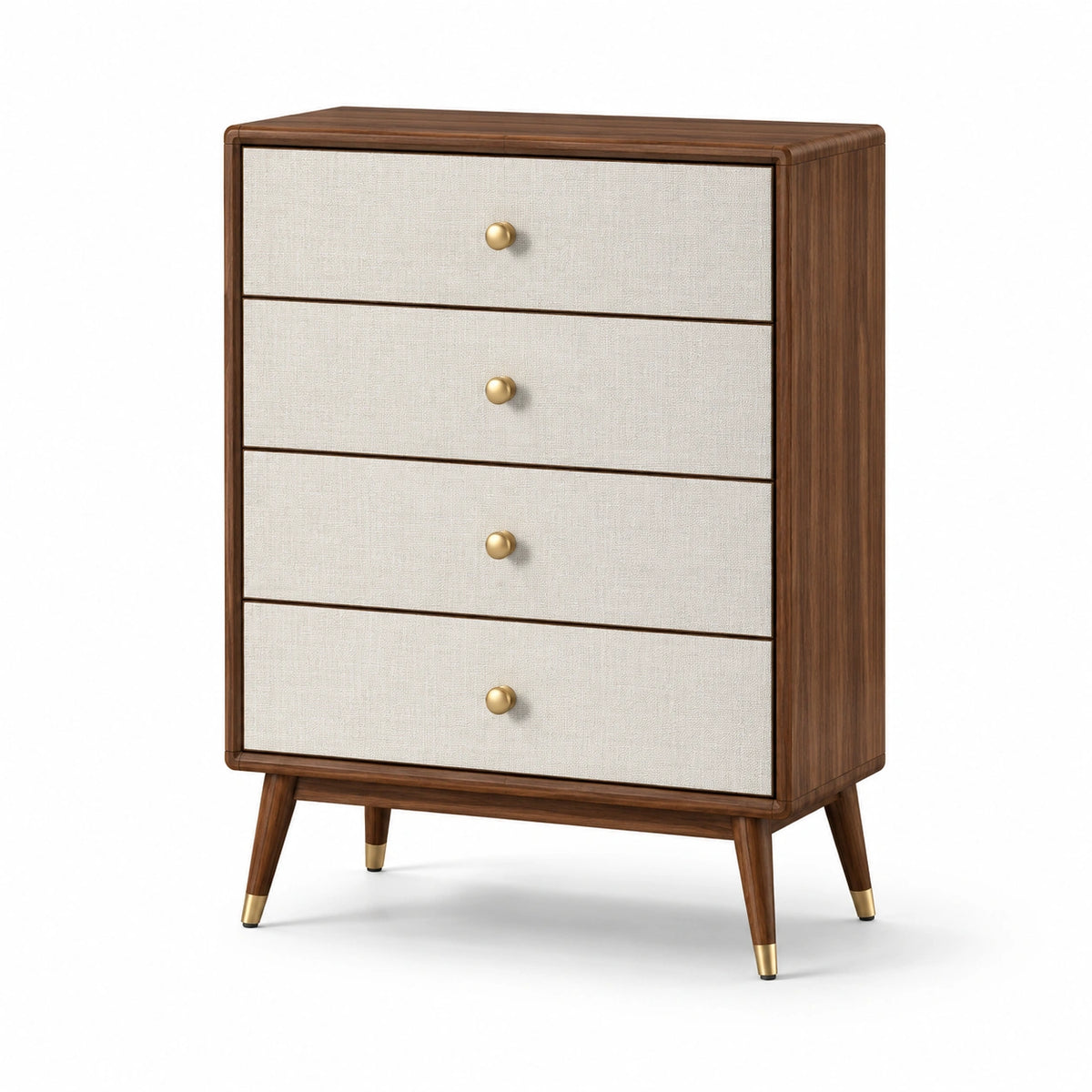 Commode rétro à 4 tiroirs, bois brun et tissu beige, 80 × 40 × 100 cm
