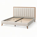 Lit double 160 × 200 cm beige et bois naturel avec tête de lit rembourrée à panneaux verticaux