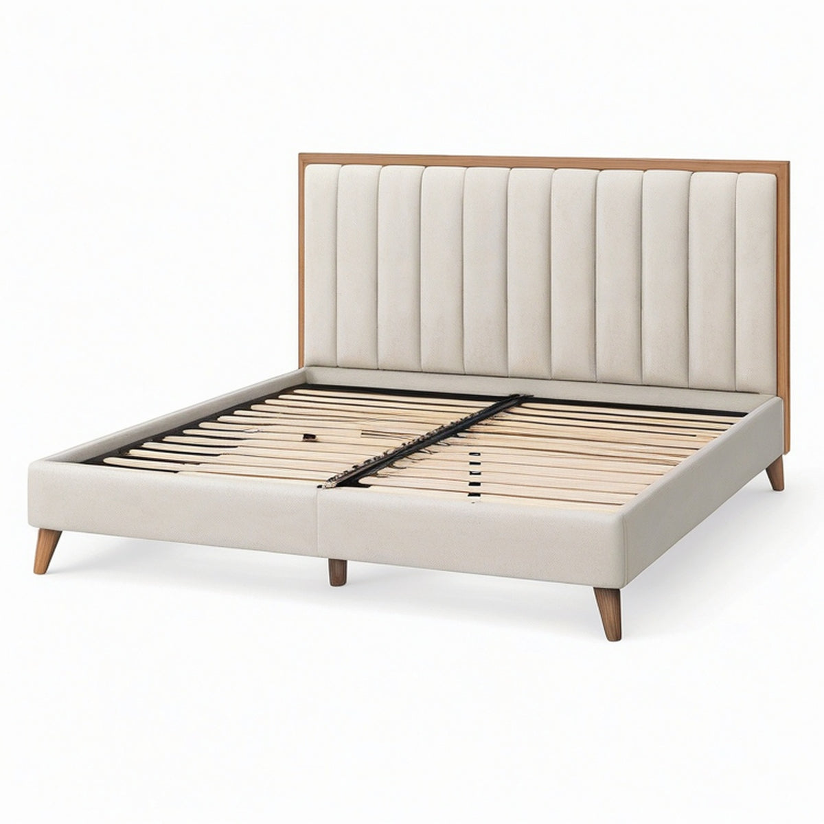 Lit double 160 × 200 cm beige et bois naturel avec tête de lit rembourrée à panneaux verticaux