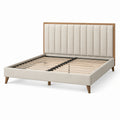 Lit double 160 × 200 cm beige et bois naturel avec tête de lit rembourrée à panneaux verticaux