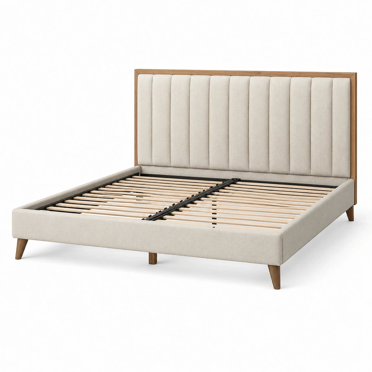 Lit double 160 × 200 cm beige et bois naturel avec tête de lit rembourrée à panneaux verticaux