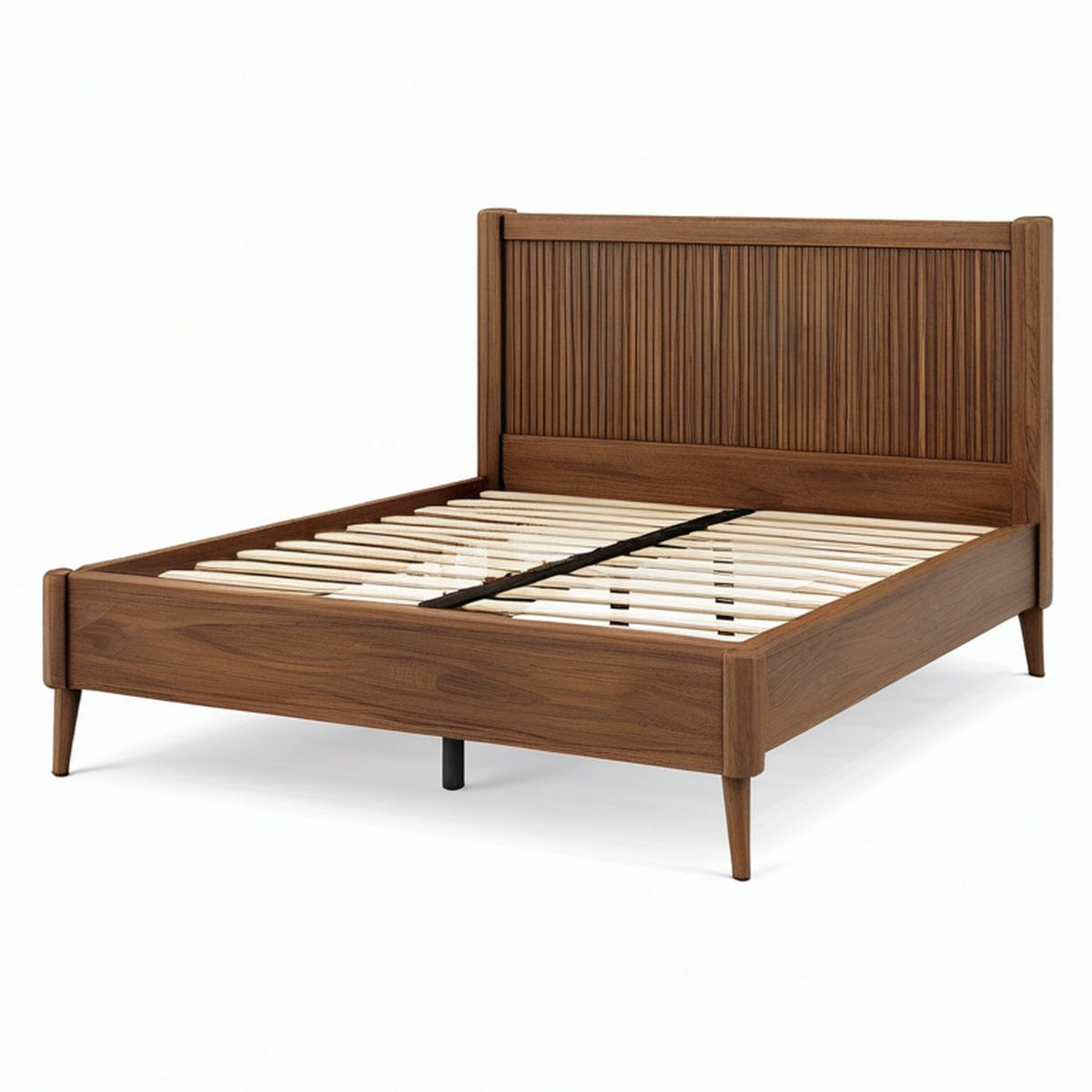 Lit double en bois marron noyer 216 × 169 × 115 cm pour matelas 160 × 200 cm avec tête de lit cannelée et sommier à lattes