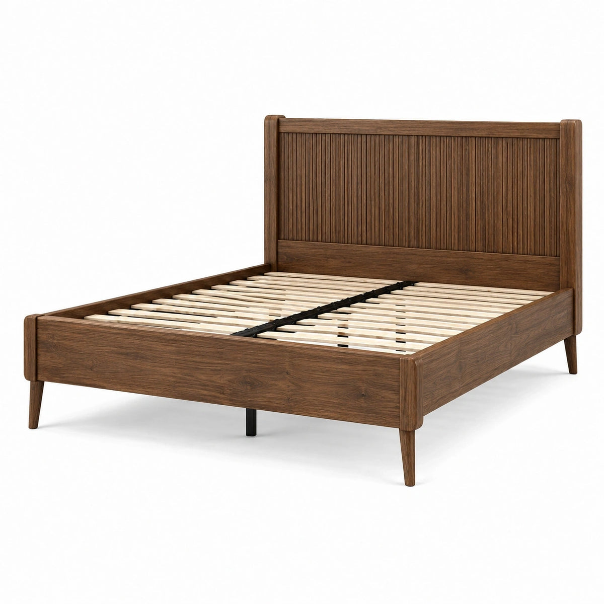 Lit double en bois marron noyer 216 × 169 × 115 cm pour matelas 160 × 200 cm avec tête de lit cannelée et sommier à lattes