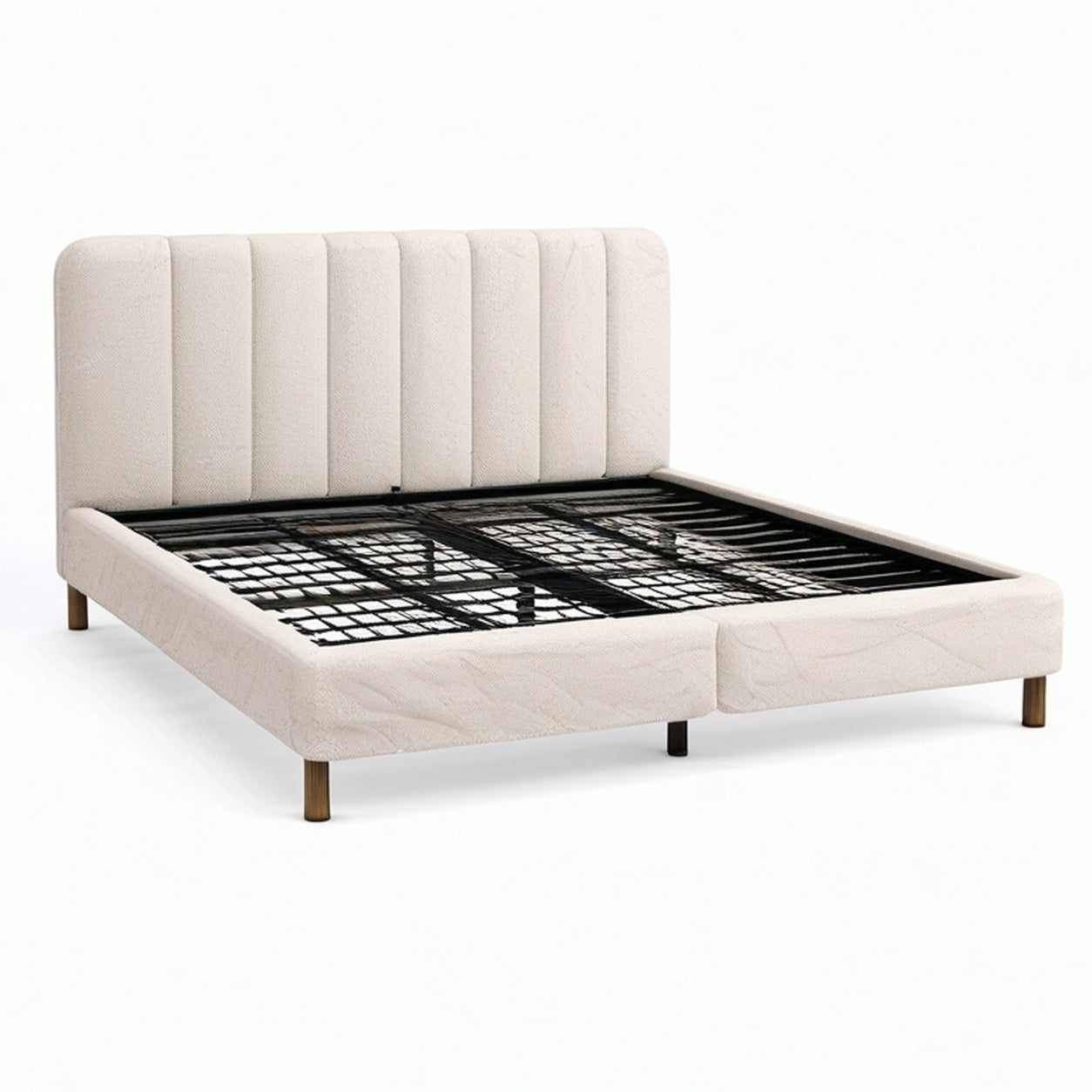 Lit double 160 × 200 cm en tissu bouclé écru avec tête de lit rembourrée et sommier métallique