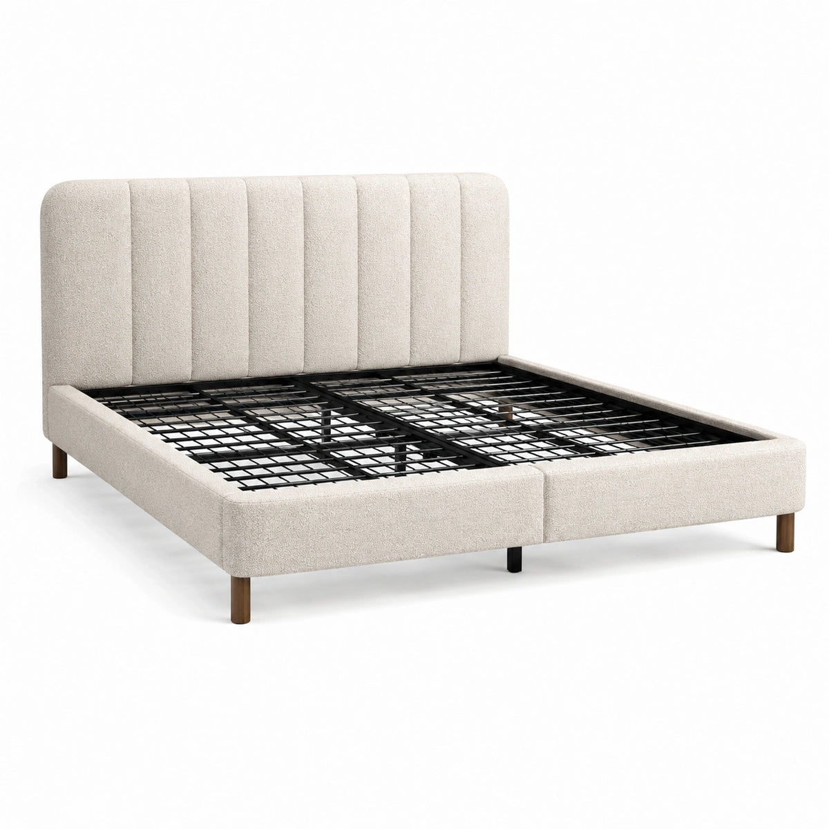 Lit double 160 × 200 cm en tissu bouclé écru avec tête de lit rembourrée et sommier métallique