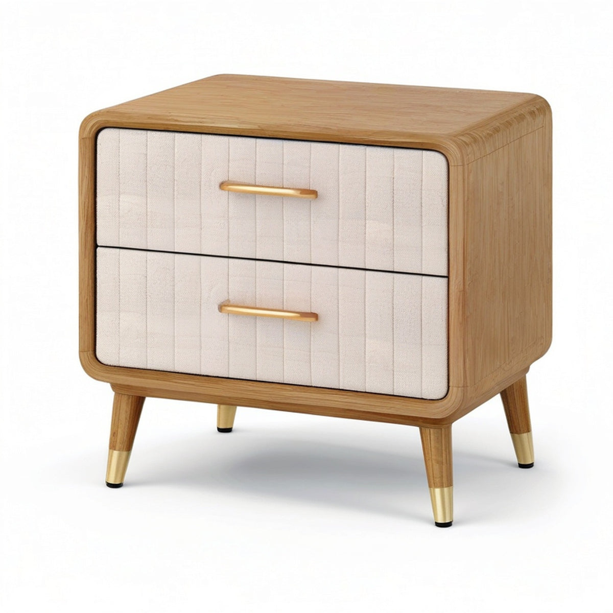Table de chevet à 2 tiroirs, finition bois naturel, tissu beige et détails dorés, 55 × 40 × 60 cm