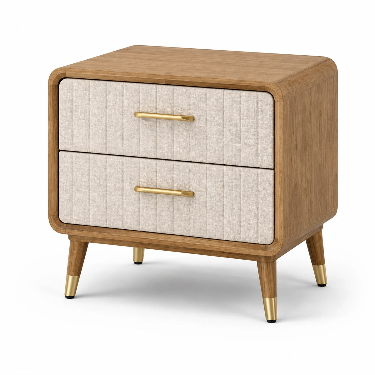 Table de chevet à 2 tiroirs, finition bois naturel, tissu beige et détails dorés, 55 × 40 × 60 cm