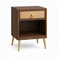 Table de chevet vintage en bois marron foncé avec cannage beige, tiroir et niche, 45 × 40 × 60 cm