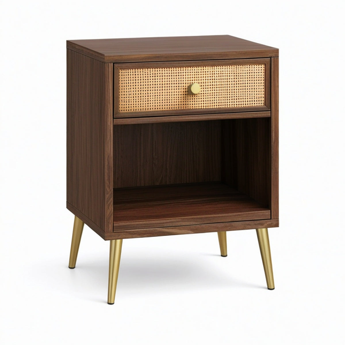 Table de chevet vintage en bois marron foncé avec cannage beige, tiroir et niche, 45 × 40 × 60 cm