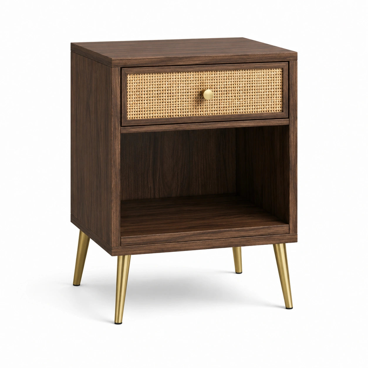 Table de chevet vintage en bois marron foncé avec cannage beige, tiroir et niche, 45 × 40 × 60 cm
