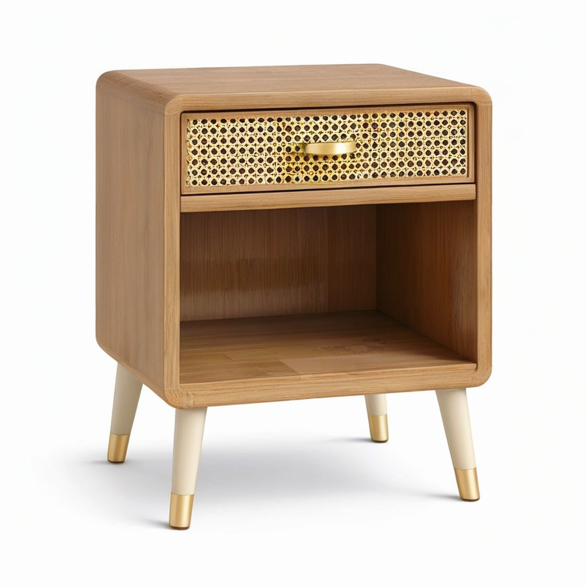 Table de chevet en bois et cannage naturel avec 1 tiroir et niche ouverte, style rétro, 45 × 40 × 60 cm, marron naturel, beige et doré