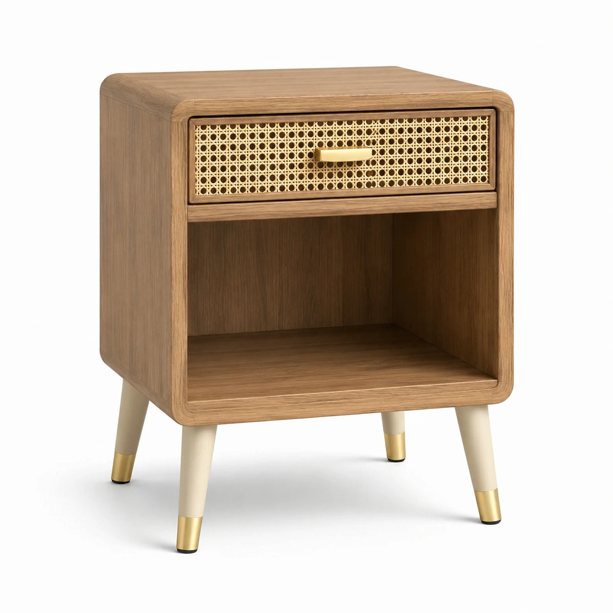 Table de chevet en bois et cannage naturel avec 1 tiroir et niche ouverte, style rétro, 45 × 40 × 60 cm, marron naturel, beige et doré