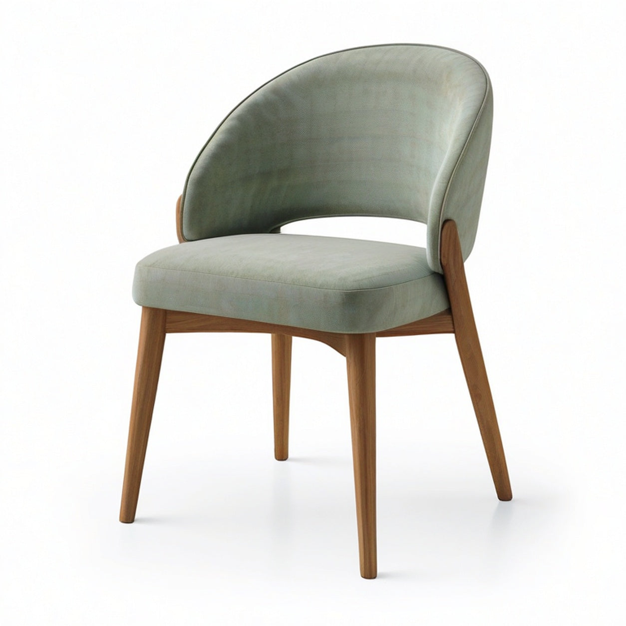 Chaise moderne rembourrée en velours vert sauge et bois brun, 58 × 58 × 79 cm