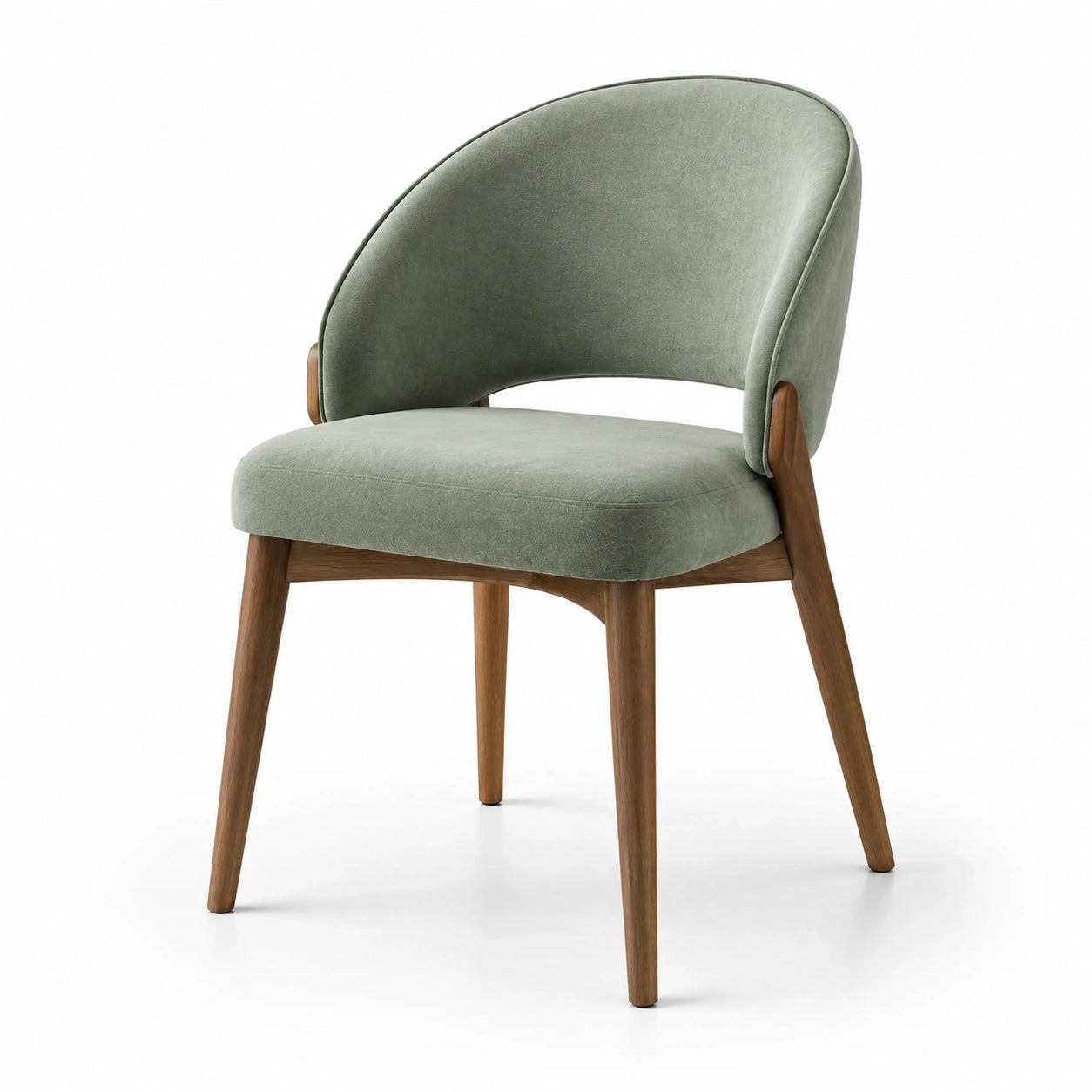 Chaise moderne rembourrée en velours vert sauge et bois brun, 58 × 58 × 79 cm