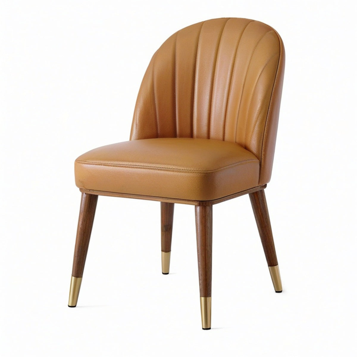 Chaise rembourrée rétro en similicuir camel avec pieds en bois brun et métal doré, 52 × 58 × 82 cm