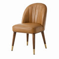 Chaise rembourrée rétro en similicuir camel avec pieds en bois brun et métal doré, 52 × 58 × 82 cm