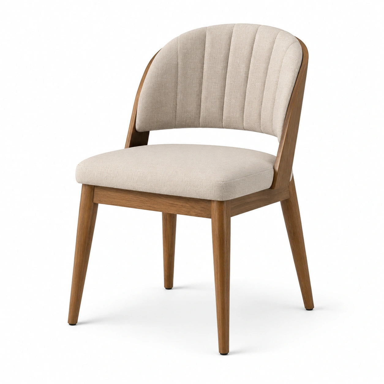 Chaise contemporaine en bois brun et tissu beige rembourré, 52 × 57 × 80 cm