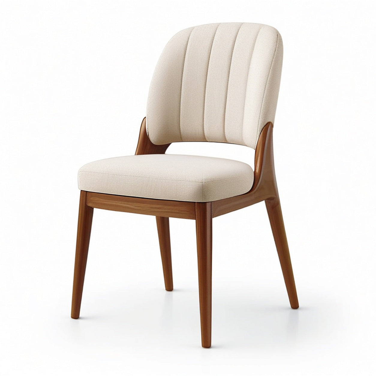 Chaise rétro rembourrée en bois brun et tissu beige, 51 × 58 × 83 cm
