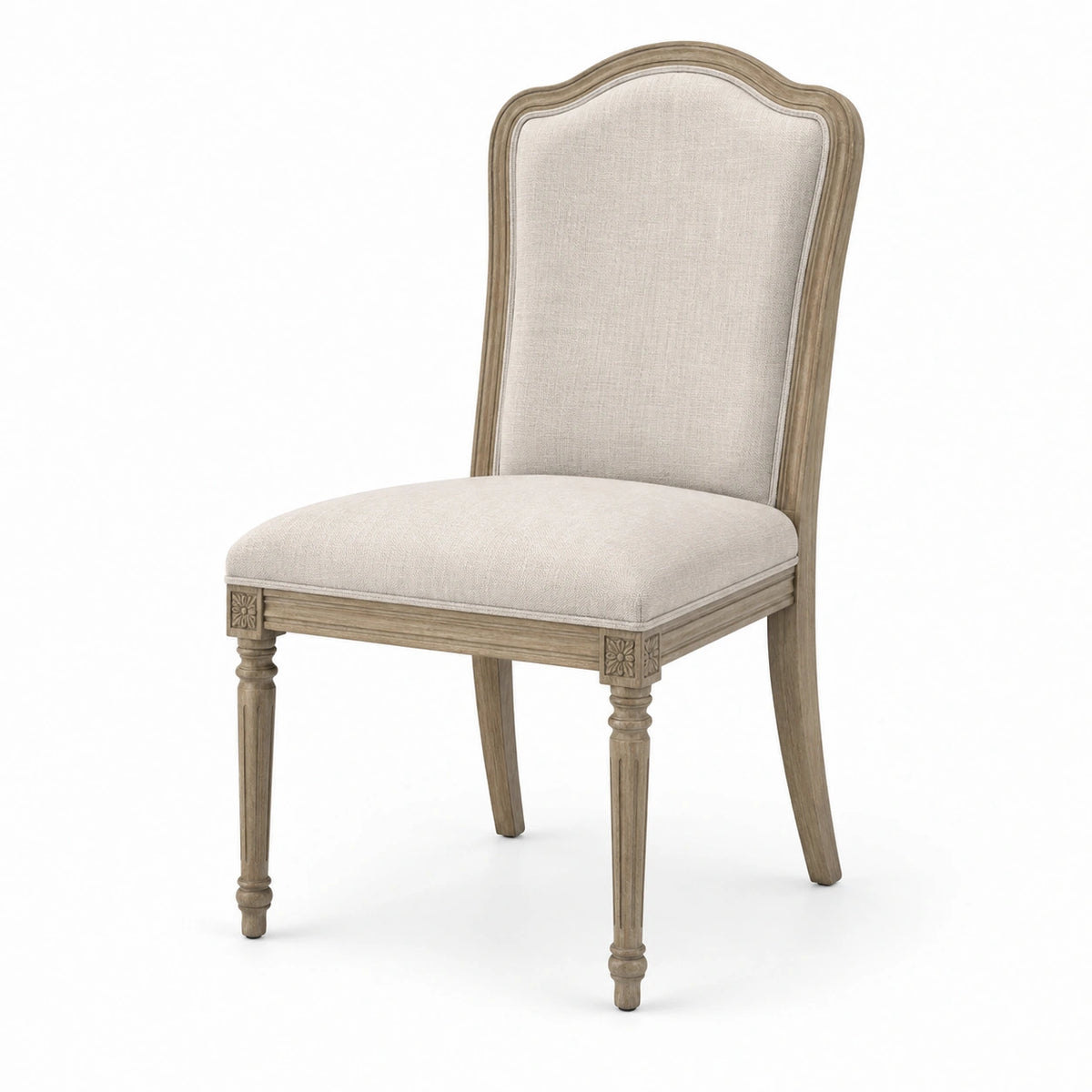 Chaise en bois gris brun avec assise et dossier rembourrés en tissu beige, 52 × 60 × 98 cm